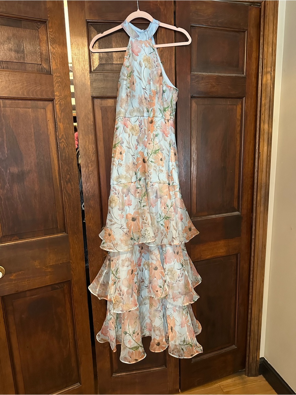 Lulu's Light Blue and Peach Floral Halter Maxi Dress